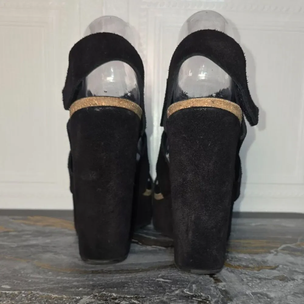 Pedro Garcia Black Suede Platform Wedge Sandals Size 40 US 9.5 EUC Spain